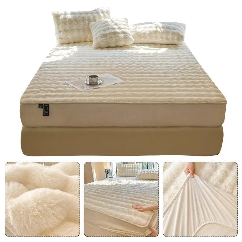 Velvet Mattress Cover Pad Fluffy Plush Fitted Bed Sheet Fleece Bed Cover for Double Bed Winter Warm Bed Dust Mite Queen Size.