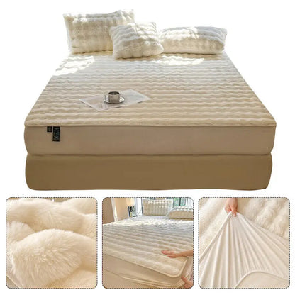 Velvet Mattress Cover Pad Fluffy Plush Fitted Bed Sheet Fleece Bed Cover for Double Bed Winter Warm Bed Dust Mite Queen Size.