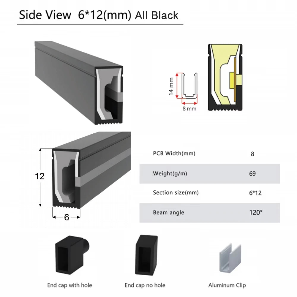 Black Led Neon Silica Gel Tube Diffuser Soft Rope Tube IP67 Waterproof For WS2812B SK6812 WS2811 5050 RGB Flexible Strip Light.