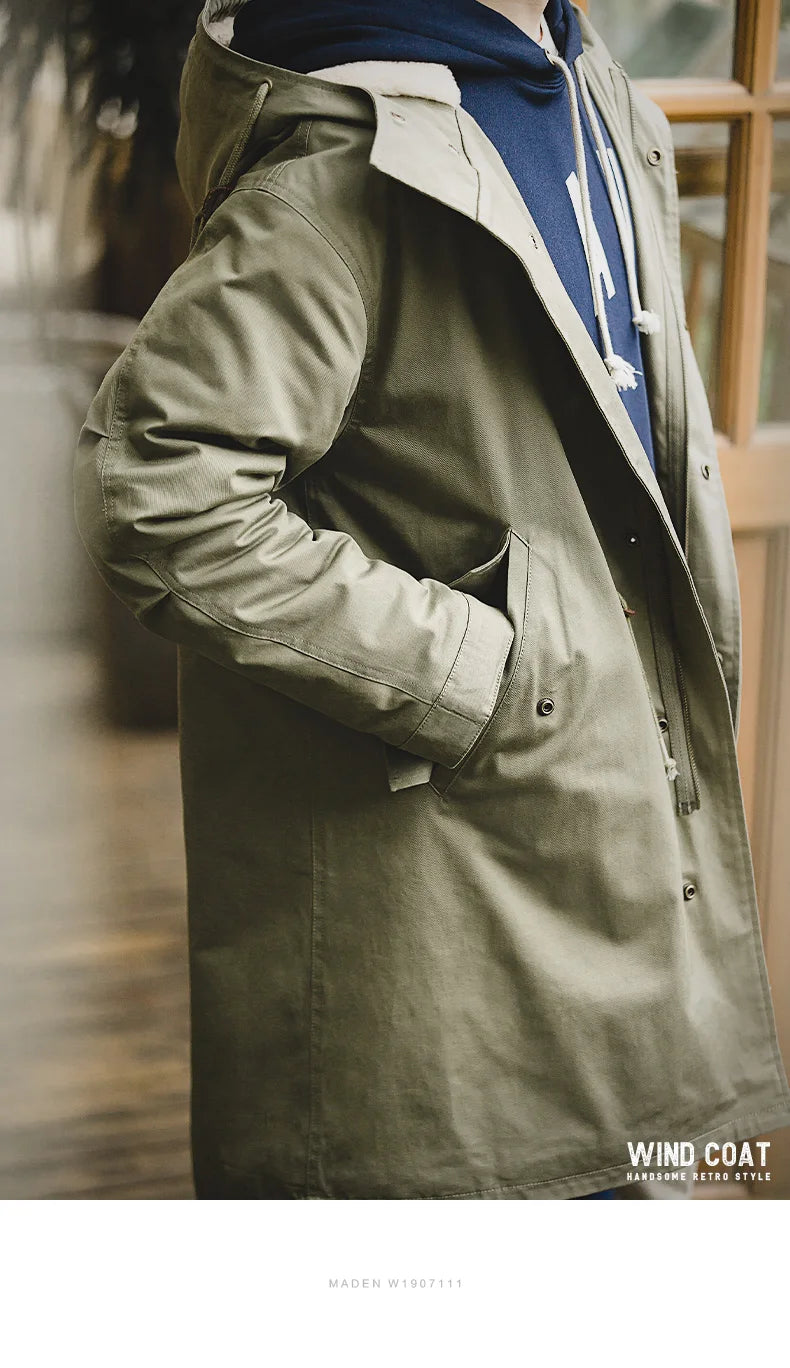 Maden Men's Thick Hooded M-51 Fishtail Cotton Coat Plus Velvet Parka Jacket Green Windbreaker Winter Autumn Men Trench Coat.