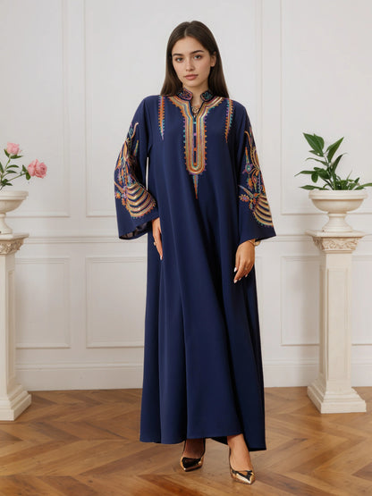 New Dubai Luxury Navy Blue Muslim Abaya Colorful Intricate Embroidery on Neckline Sleeves for Middle Eastern Weddings End Iftar