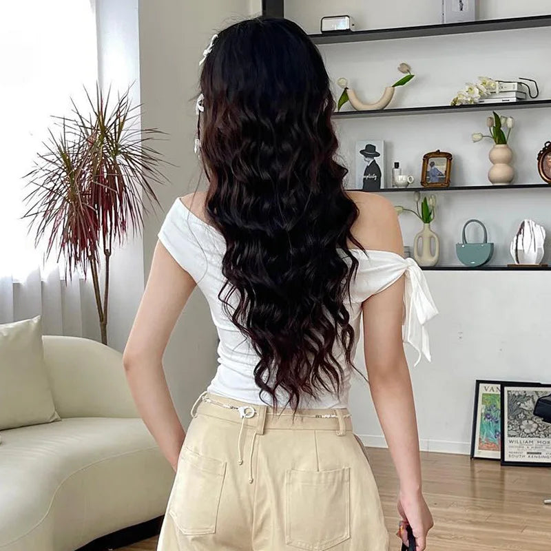 2024 Women'S Summer Ins Style New Shrink Pleated One-Shoulder Crop Top Backless Twist Tie Asymmetric T-Shirt Casual Top.