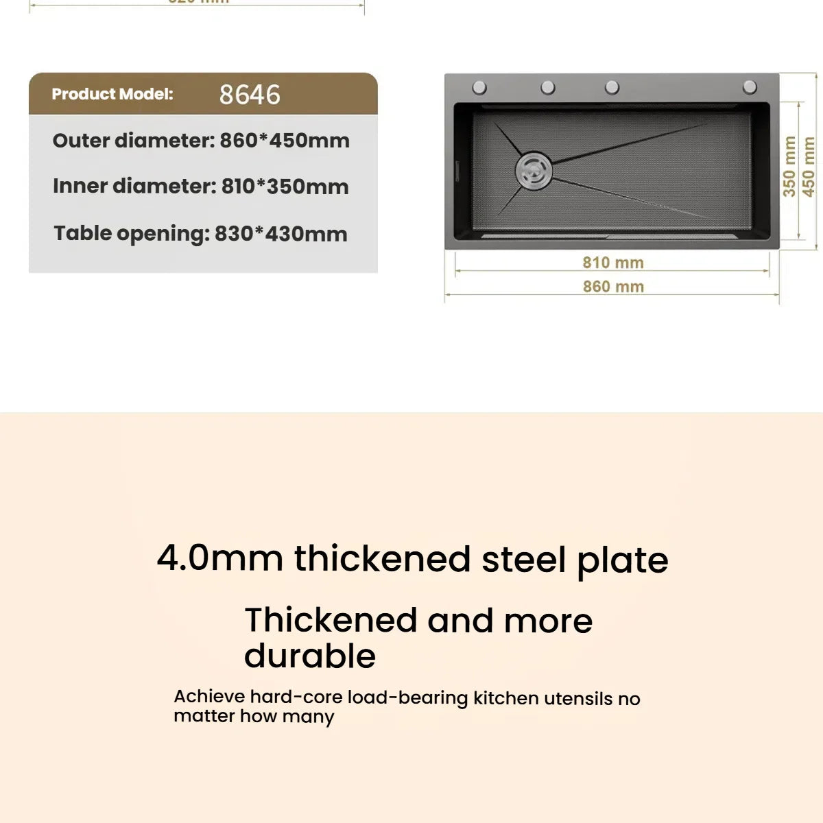 Stainless Steel Kitchen Sink Household Rice Grain Pattern Large Single Slot Wear Resistant Wash Dish Bowl Countertop Basin