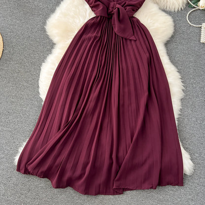 Französisch Vintage elegante Plissee Vneck Kleid A-Linie Mode Chiffon Frühling Herbst ärmellose Vestidos Frauen kleider.
