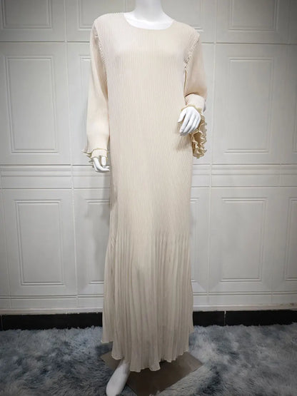 Siskakia Ramadan-Muslim Solid Wrinkle Dresses For Women's Dubai  Moroccan Petal Sleeve Abayas O-Neck Elegant Kebaya 2024.