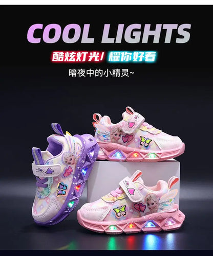 Disney LED Casual Sneakers For Spring Girls Frozen Elsa Princess Print Pu Leather Shoes Children Lighted Non-slip Pink Purple.