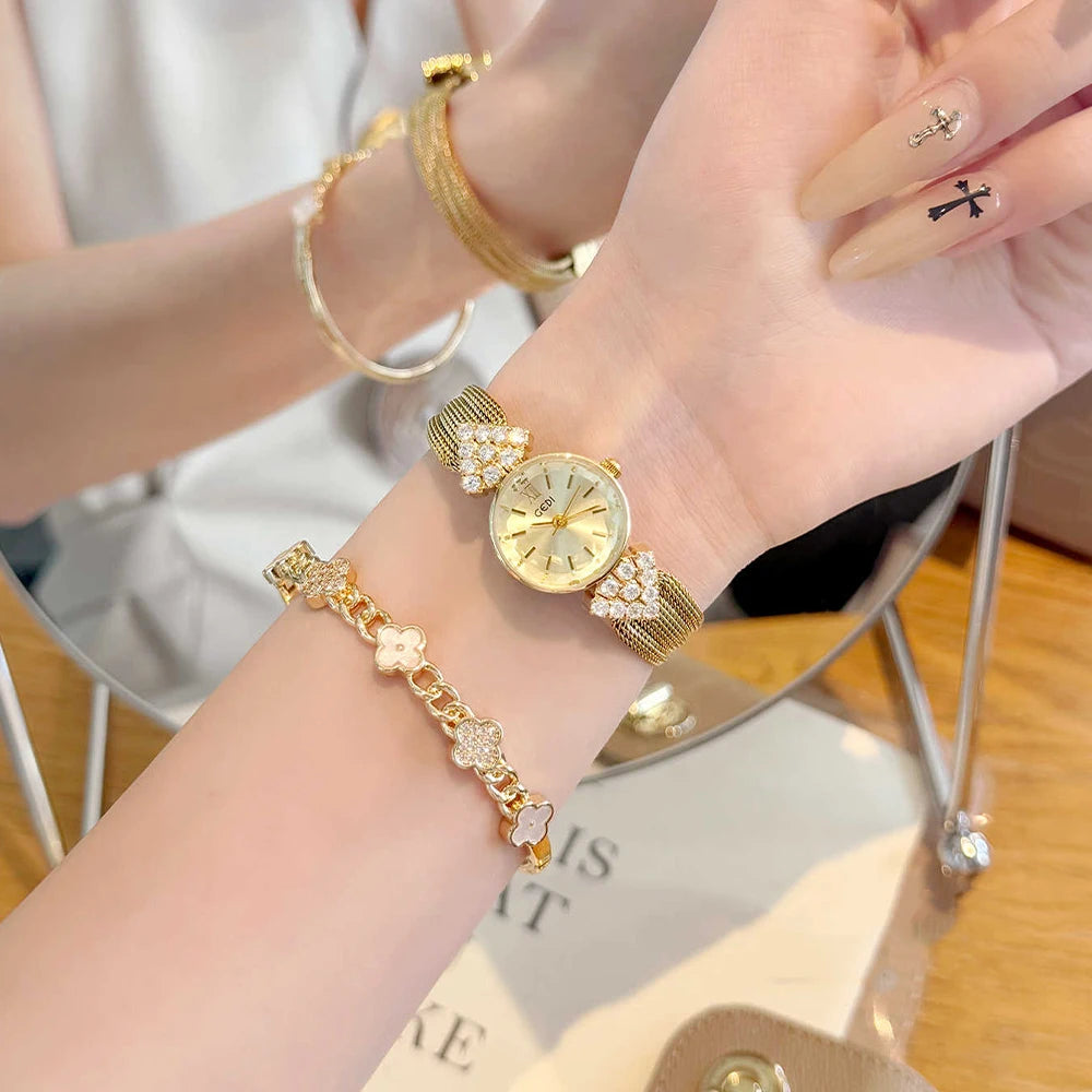 GEDI Watch Gold Silver Diamond Inlaid Steel Strip Women's Wristwatch Vintage Niche Light Luxury Temperament Quartz Watch Woman.