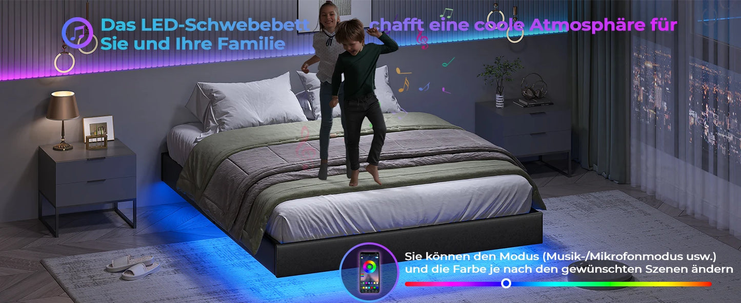 Bett 140x200 mit verstellbarer Beleuchtung, Bettgestell 140x200 mit weicher Polsterung, schwebender Bettrahmen, gepolsterte Jugendbe