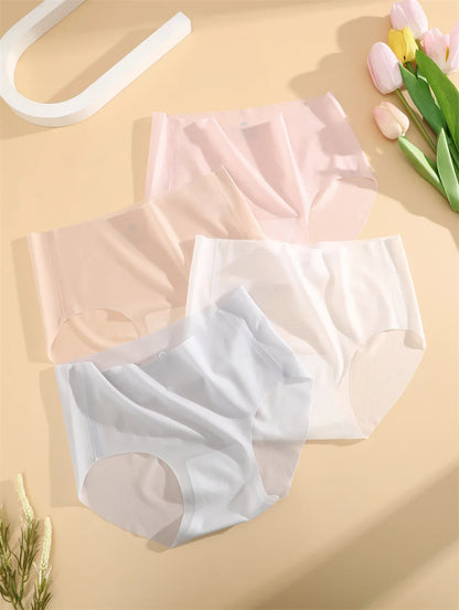 4PCS/Set Women's Ice Silk Seamless Panties Ultra Thin Briefs Breathable Underwear Female High Waist Intimates Lingerie Plus Size.