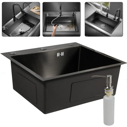 Stainless Steel Sink Kitchen Single Bowl Sink 50 x 45 cm Matte Black with Pipe & Soap Dispenser