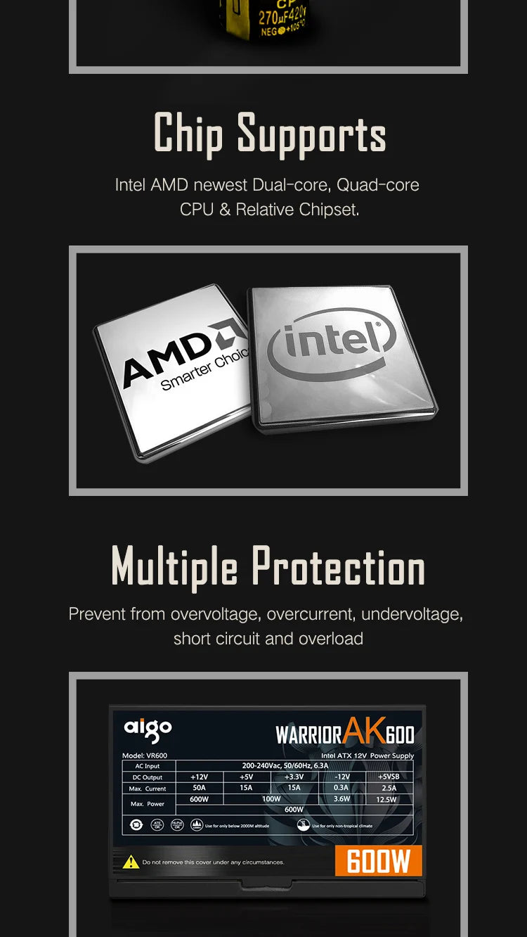 Aigo AK PC PSU Power Supply Unit 500W 600W 700W 800W 1000W Gaming 120mm RGB Fan 220V ATX Desktop computer Power Supply for BTC.