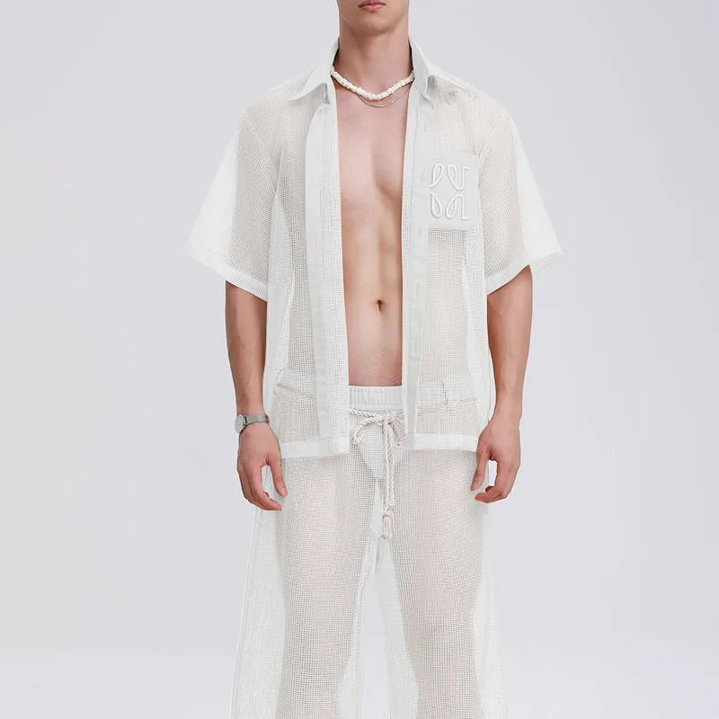 INCERUN Men Sets Mesh Patchwork See Through Sexy Short Sleeve Shirts & Pants Two Pieces Sets Streetwear 2025 Men's Casual Suits.