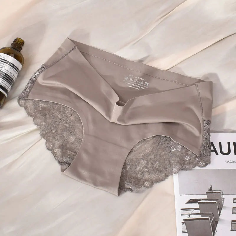 2 Articles Ice Silk Panties Female Mid-waist Non-marking Lace Cotton Crotch Skin-friendly Large Size Breathable Ultra-thin Young.