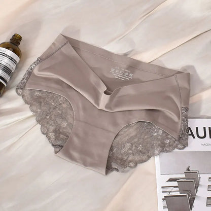 2 Articles Ice Silk Panties Female Mid-waist Non-marking Lace Cotton Crotch Skin-friendly Large Size Breathable Ultra-thin Young.