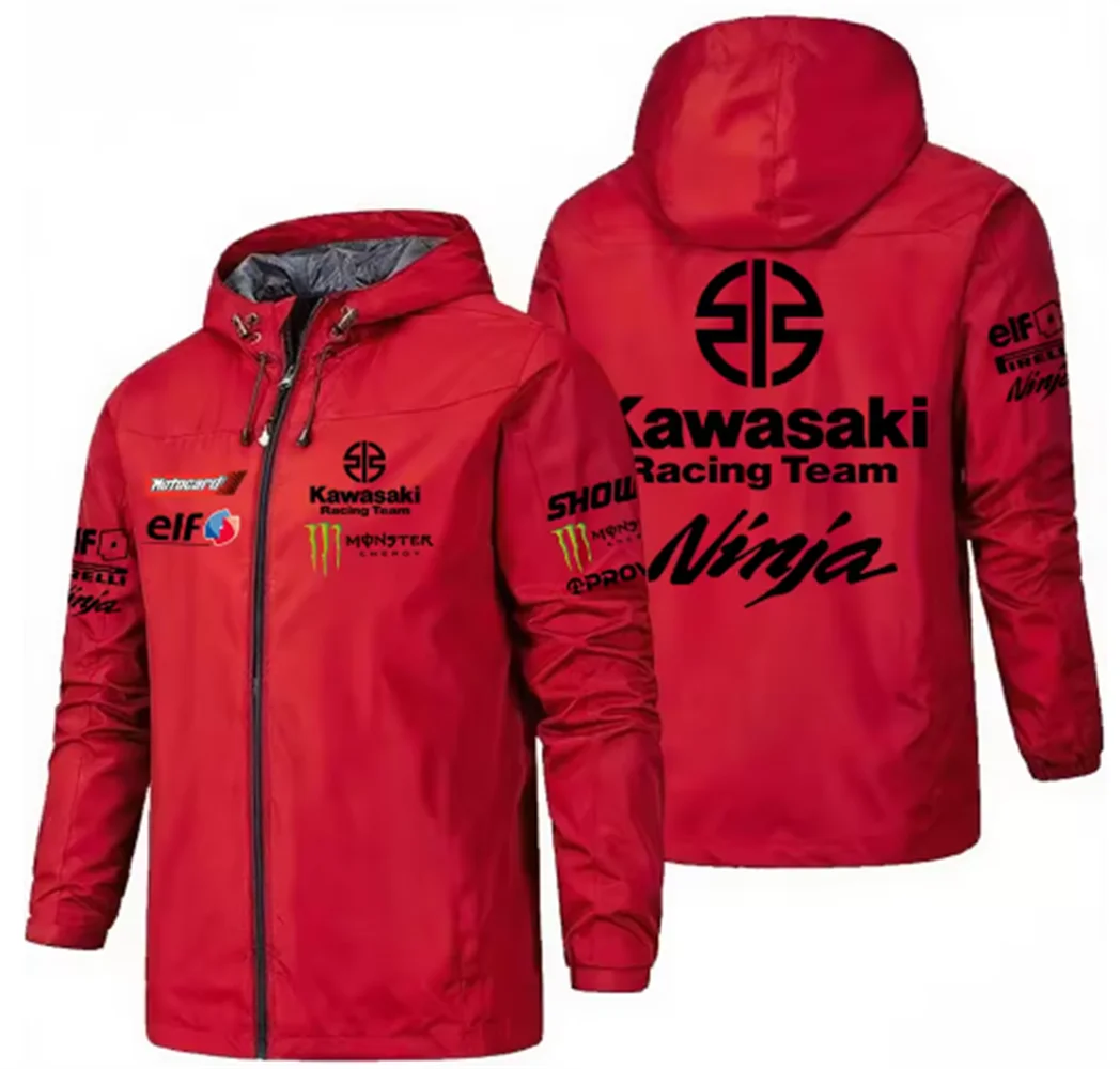Racing team jacket with Kawasaki logo, men's waterproof and windproof sportswear, 2025 new outdoor sports fashionable fan jacket.