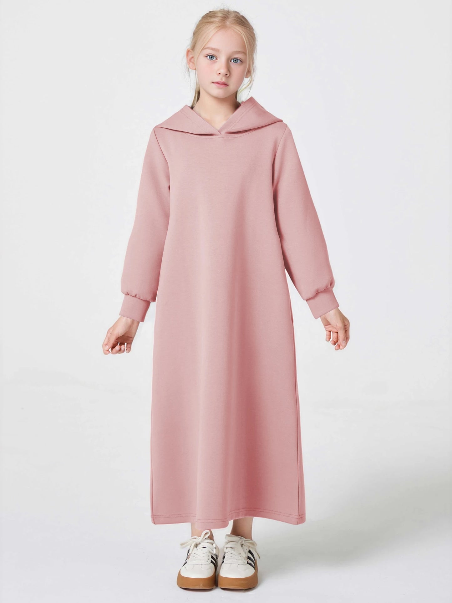 Ramadan kebaya Muslim Girls Abaya Middle East Autumn and winter solid color warm hoodie V-neck Hooded Loose Kids Kebaya Dress.