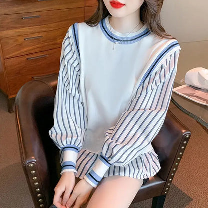 Autumn Preppy Style Patchwork O-neck Fake Two Pieces Top Tee Female Casual Striped Long Sleeve Sweatshirts Women Clothes Tshirt.