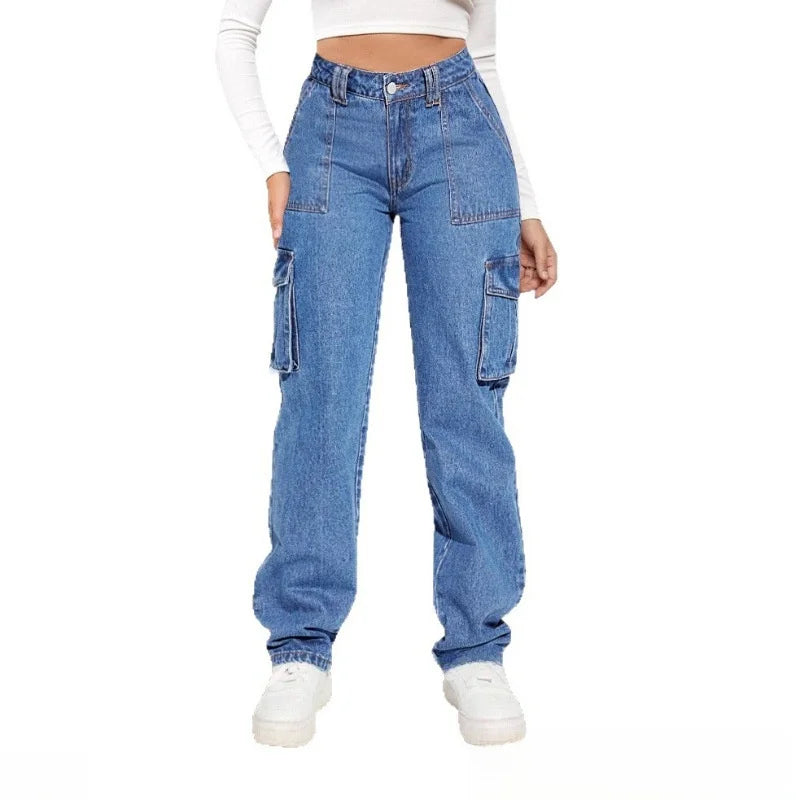 Street Style Casual Wide Leg Jeans Multiple Pockets High Waist Straight Cut Non-Stretch Denim for Women Trendy Autumn 2025.