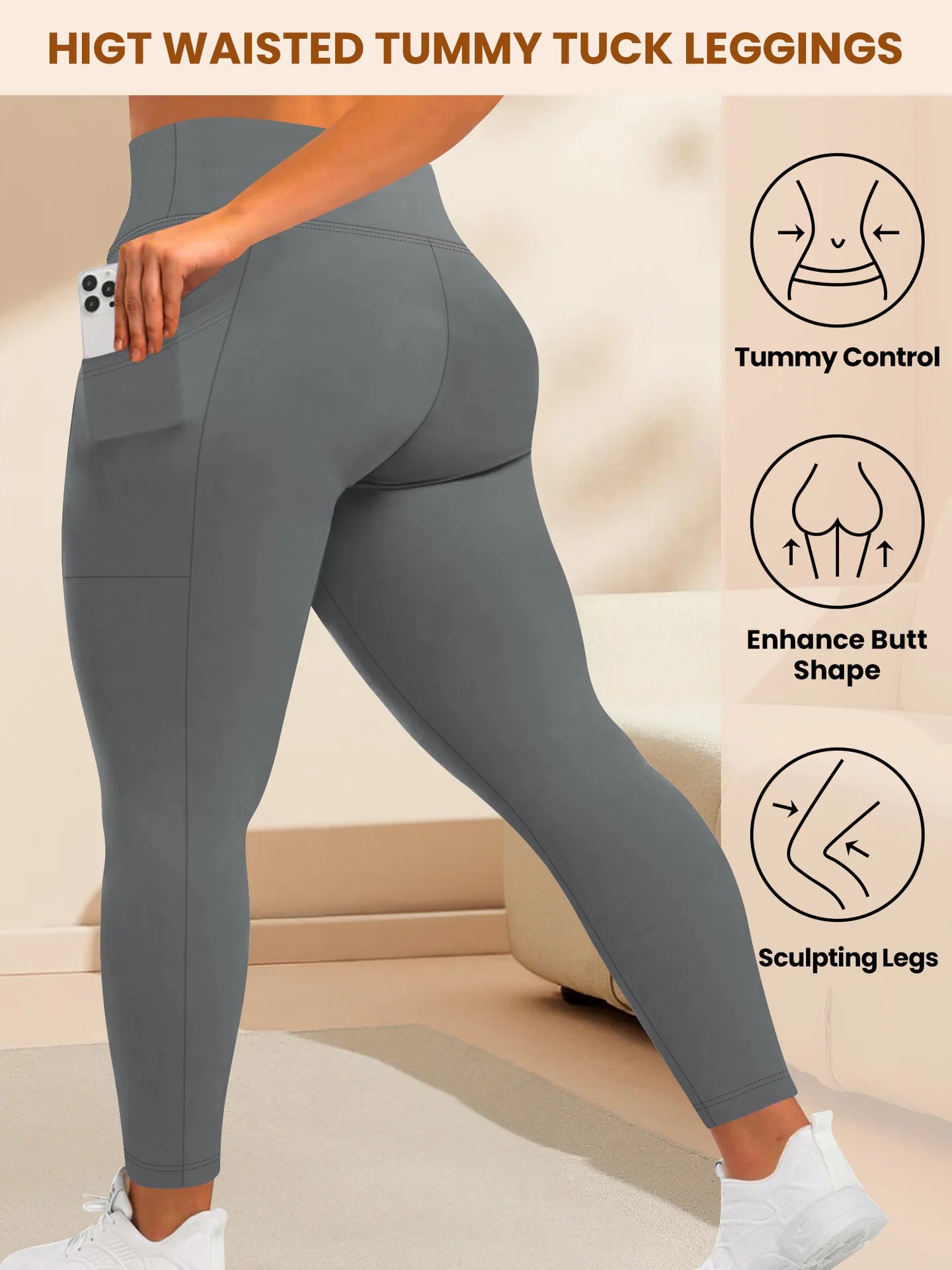 Women's High-Waisted Yoga Pants Plus Size Butt-Lifting Workout Leggings with Pockets Elastic Activewear for Gym & Running.