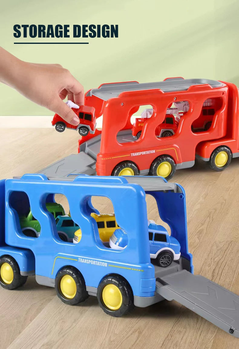 5pcs Kids Toy Construction Vehicles Transport Truck Carrier Toy Truck For Toddler Boys Girls Fire Truck Gift For Boys And Girls.