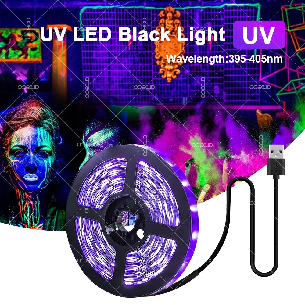 USB UV LED Strip Light Glow in Dark Led Blacklight 385-400nm Ultraviolet UV Lamp For Halloween Fluorescence Party Neon Posters.