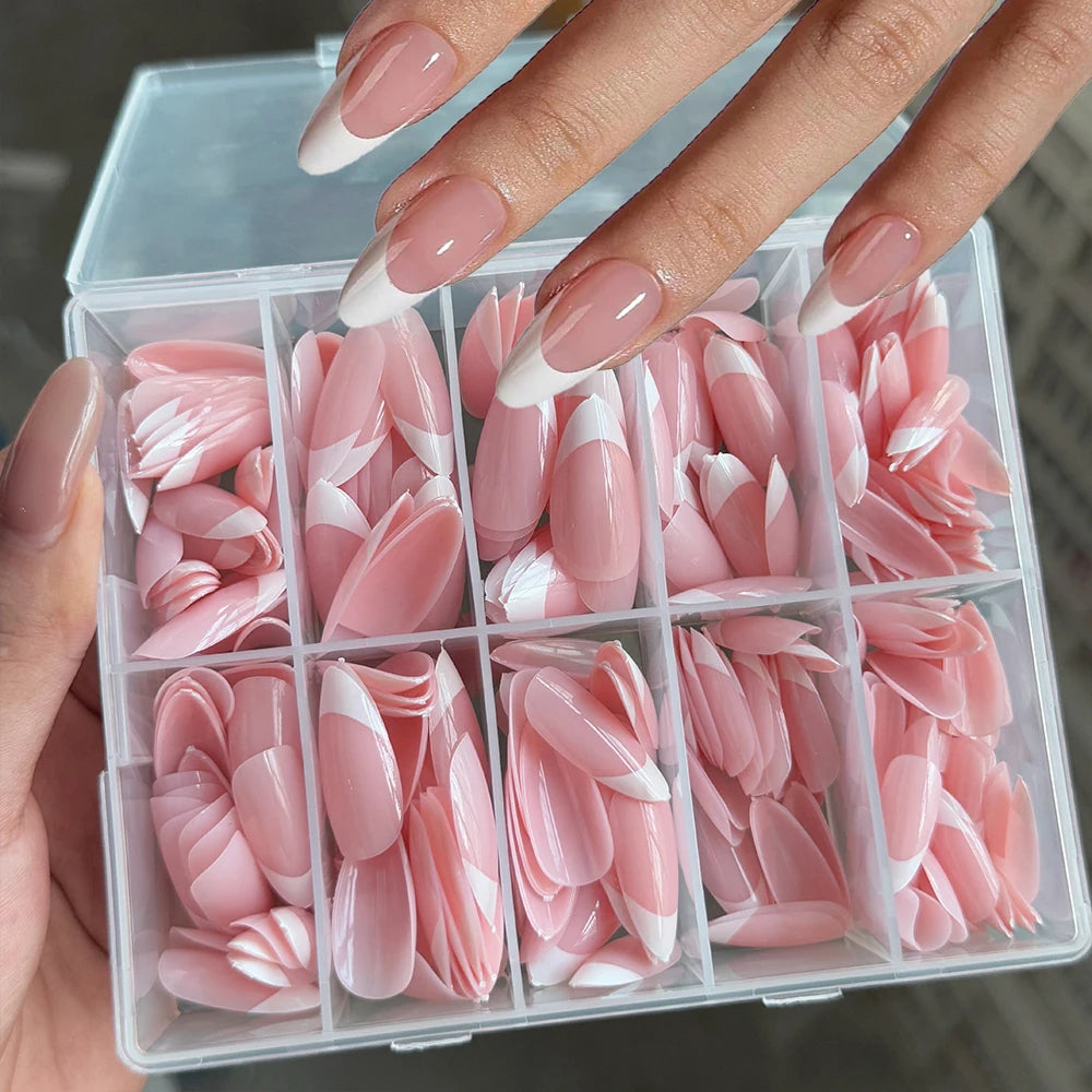 360/240/120pcs Light Pink Almond Press On Nails Glossy White French Fake Nail Simple Full Cover Fake Nails Soft Gel Nail Tips*%&.