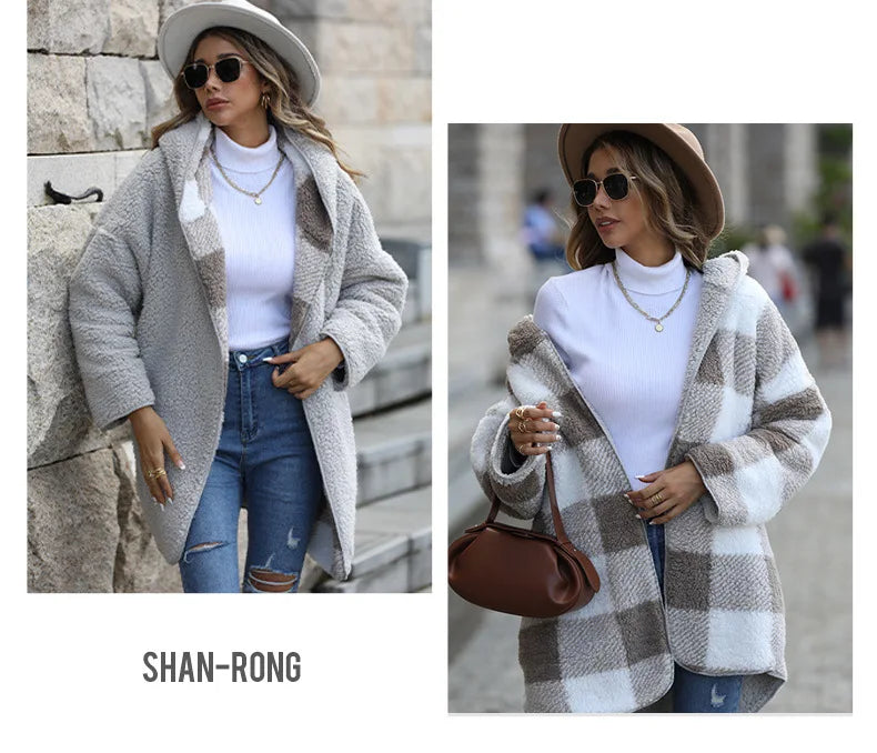 2025 herbst Winter Frauen Plüsch Mit Kapuze Jacke Weibliche Elegante Dicke Lose Plaid Print Mantel Damen Casual Zwei-seitige warme Lange Mantel.