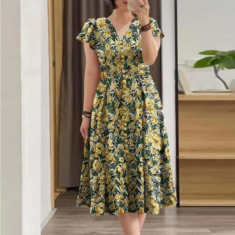 ZANZEA Elegante Frauen Floral Print Midi Kleid Sommer 2025, Casual Rüschen Kurzarm V-ausschnitt Vestidos Mode Cinched Taille Roben.