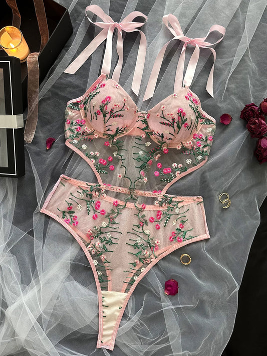 Sexy Pink Floral Embroidery Lingerie Bodysuit Hollow Out Strap Bow Tie Underwear Playsuit Backless Patchwork Mesh Erotic Romper.