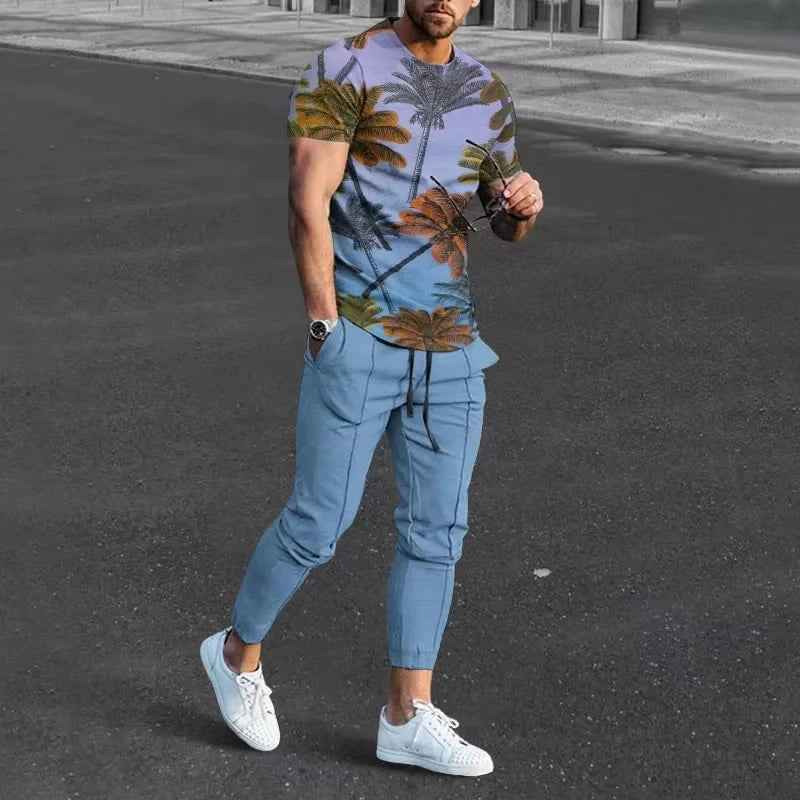 Spring Men Short T-shirt Trousers Suit 3D Printed Newest Retro Casual Men T-shirt Trousers Suit Man Short Sleeve Long Pants Sets.
