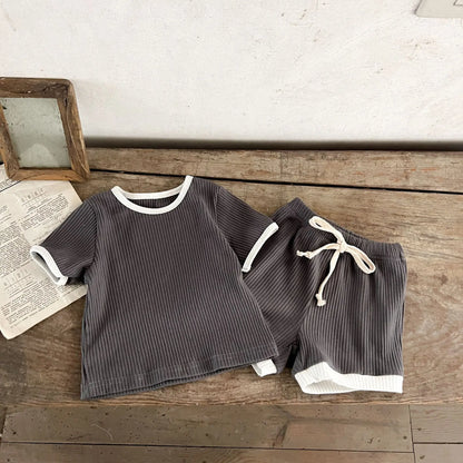 Korean Version Summer Kids Baby Girls Boys Short Sleeve Striped Top Tees +shorts Pants Infant Cute Pure Cotton Clothing Set