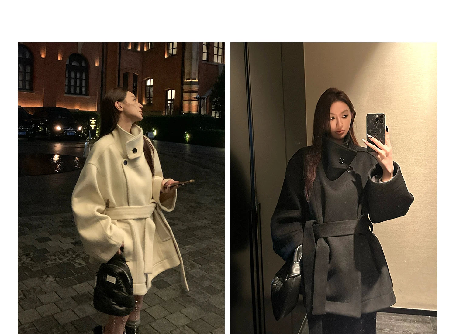 MiiiiX Lässiger Stehkragen, lockerer Wollmantel, mittellang, vielseitige Jacke, Schnür-Taille, Oberbekleidung, 2024, Herbst-Damenkleidung.