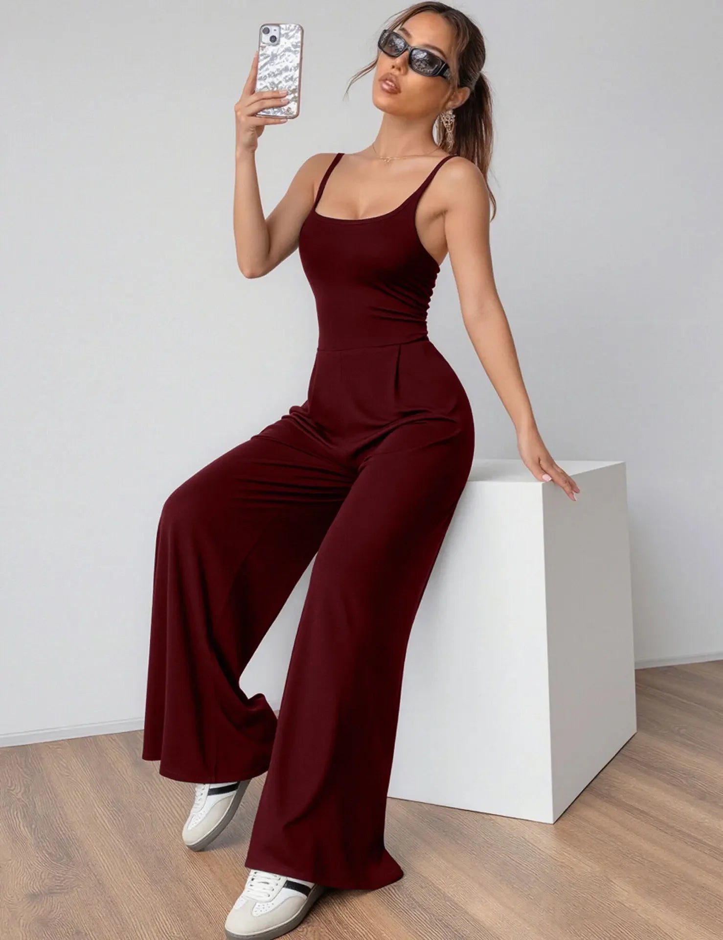 Fashionable Solid Color High Waist Bell Bottom Jumpsuit Backless Strap Casual Women's Long Pants One Piece Suit Female.