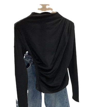 Early Autumn Pure Color High Neck Pleated Slim Fit Sexy Base Shirt Women's Fashionable Crew Neck T-shirt Full Sleeve China Origi.