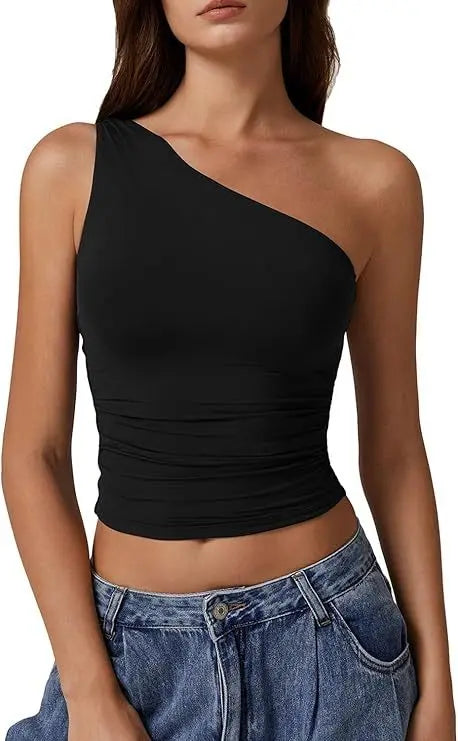 Womens One Shoulder Shirts Going Out Crop Tops Basic Sexy Slim Fit Y2K Tank Top Summer Fashion 2025.