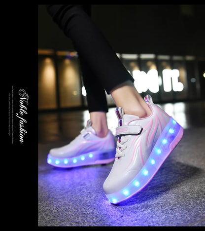 YUNICUS Led Light Boys Girls Shoe USB Charging Black Two Wheels Luminous Sneakers Roller Skate Shoes for Children Kids Led Shoes