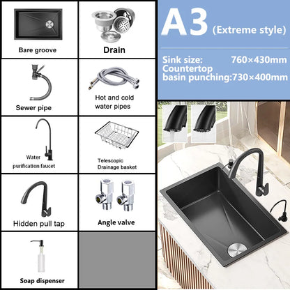 Black Stainless Steel Kitchen Sink Waterfall Sink dishwashing Basin Large Single Sink Household Sink Under The Counter Sink