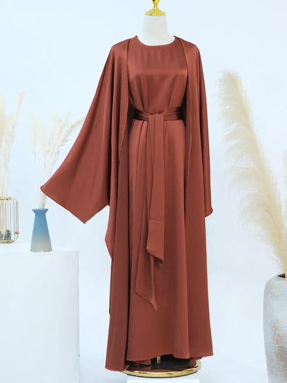 Muslim Turkish Women Arabic Dubai Abaya Long Dress Modest Ramadan Robe Liner Dress Kaftan Two-Piece Set Femme Islam Clothing Set
