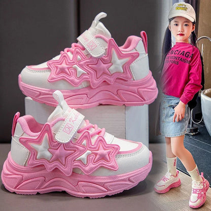 Children Casual Shoes for Girls Fashion Classic with Stars Girls Sports Running Sneakers Breathable PU + Rubber Anti-skid Soft.