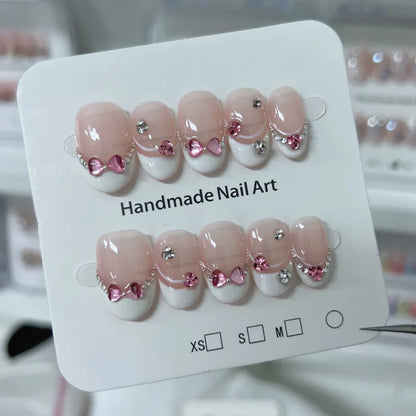 10Pcs White French Pink Heart Diamond Manicure Art Gentle Sweet Short Oval Artificial Wearing Nails Patch Full Cover Press Ons.