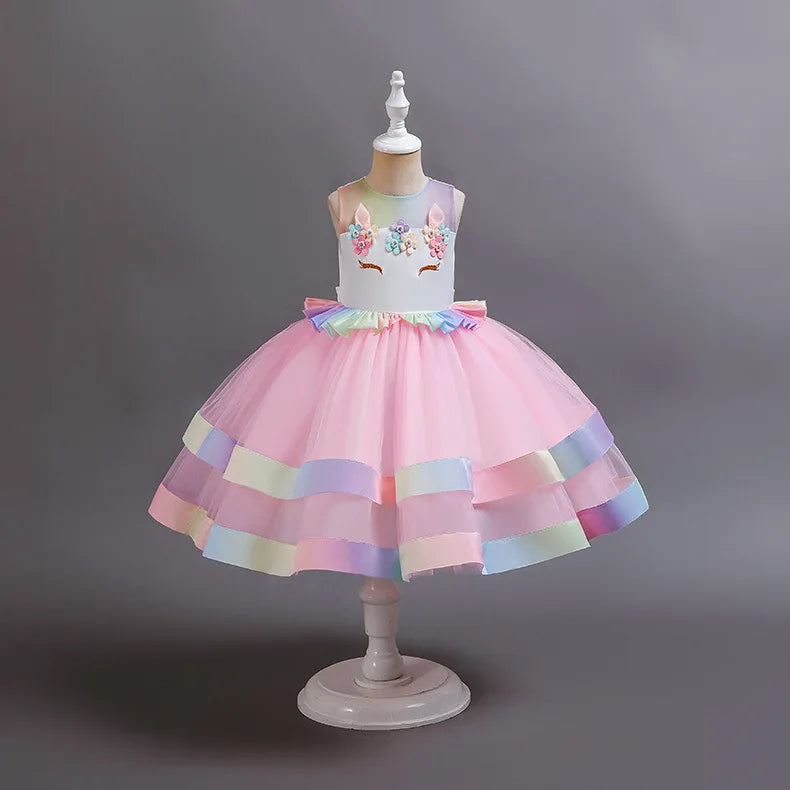2023 Neues Regenbogen-Einhorn-Kleid für Mädchen, besticktes Tanzkleid, Halloween-Performance-Kleidung, Kinderkleidung, 3–10 Jahre alt.