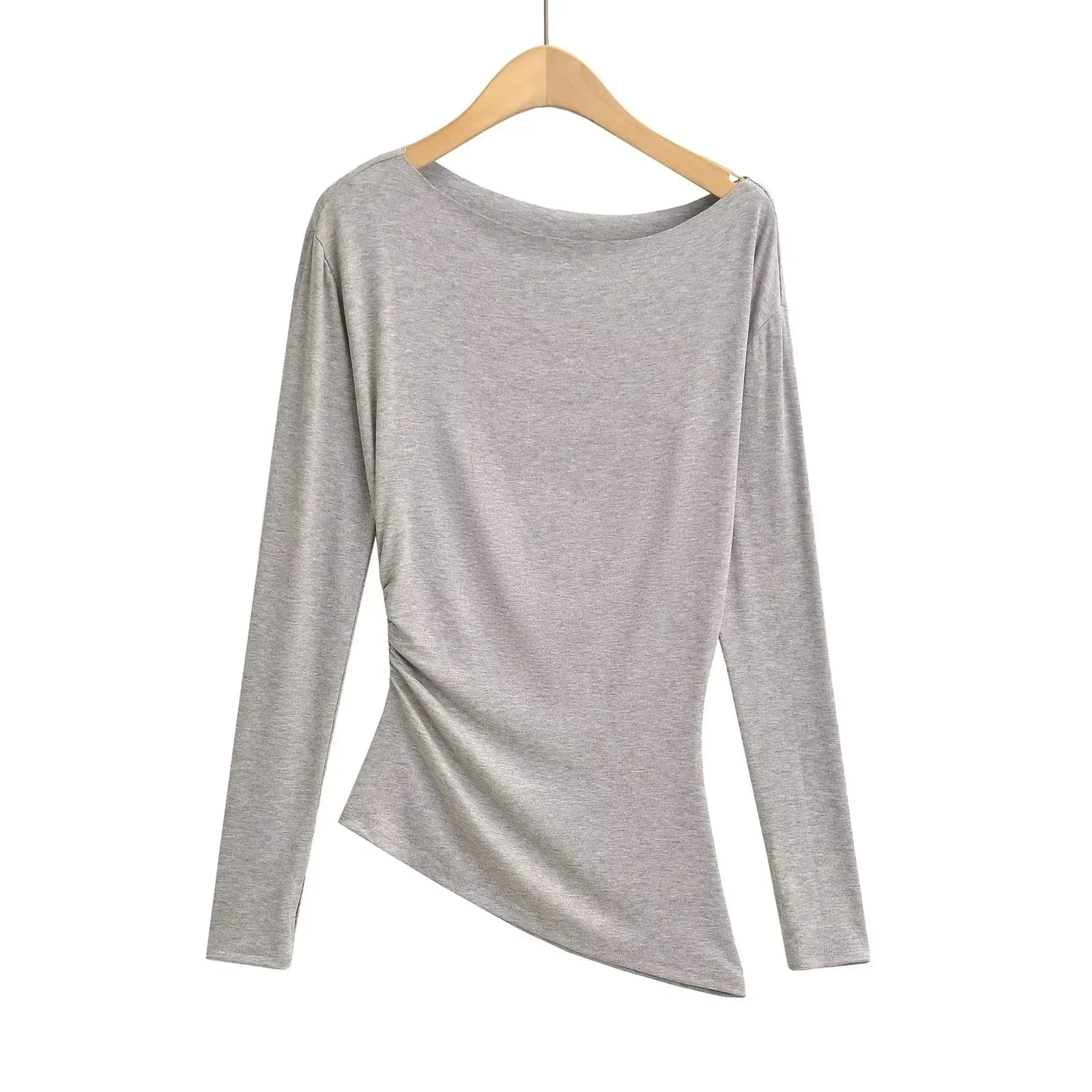Long Sleeve One Shoulder T-Shirt Zhang Lu Si Spicy Girl Pleated Slimming Versatile Top Cotton Made in China Full Sleeve.