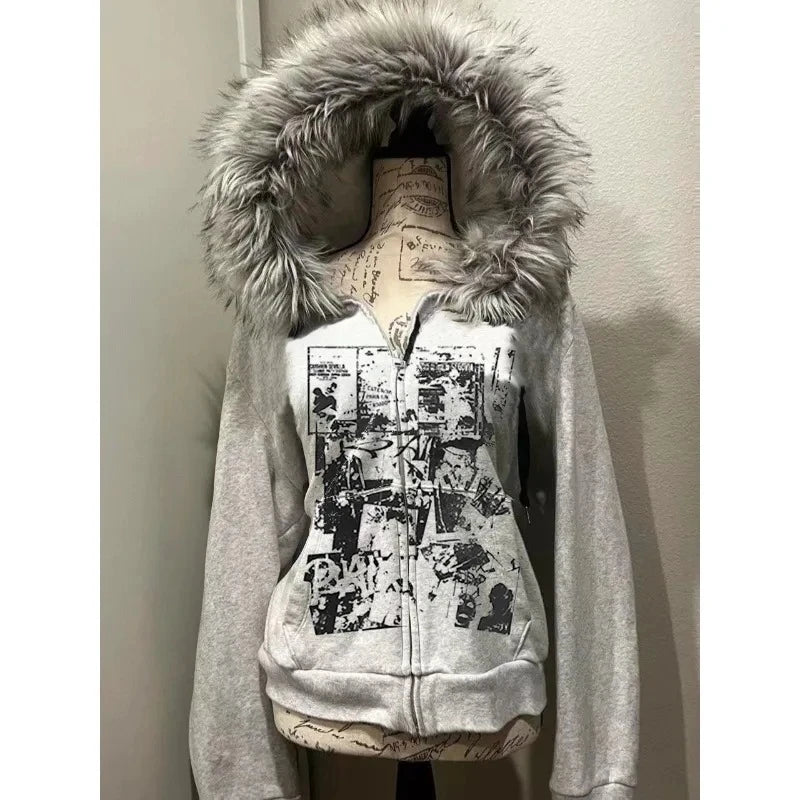 Vintage Sweatshirts 2025 Women's Clothes White Print Tunic Hooded Y2k Coat Streetwear Fashion Casual Hoodies Tops Ropa Mujer.