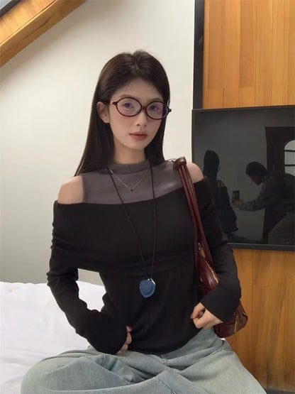 Retro American Shoulder Bared Long Sleeve T Shirt Women Spring Autumn Spicy Girl Fake Two Piece Base Shirt High Collar Polyester.