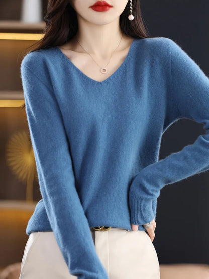 Women 100% Merino Wool Sweater V-Neck Basic Pullover Autumn Winter Cashmere Clothing Long Sleeve Soft Knitwear Tops Solid Color