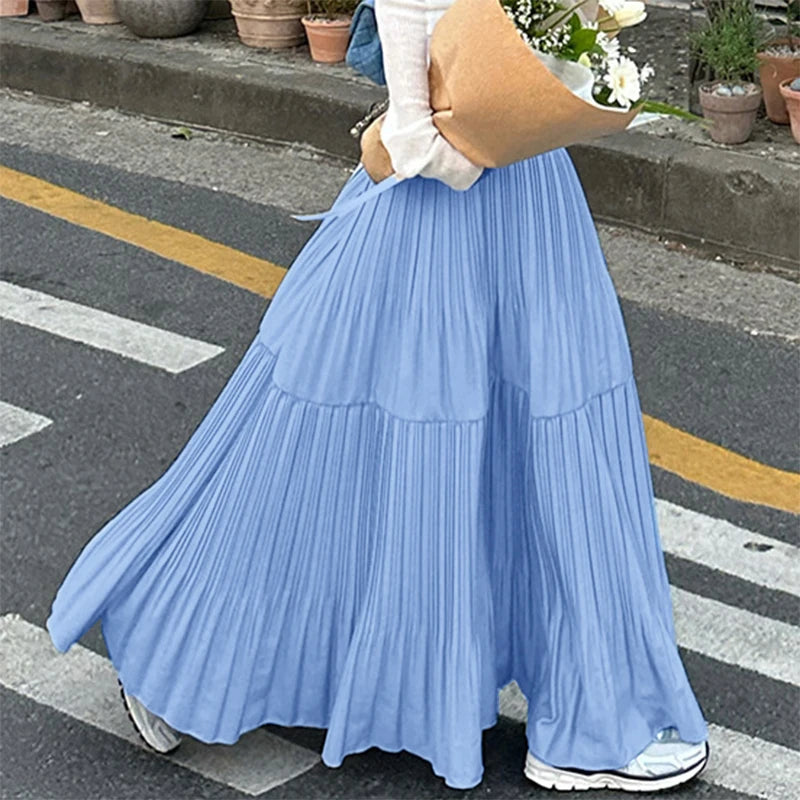 2025 ZANZEA Oversized Summer Maxi Skirts Women Elastic Waist Pleated Long Skirt Casual Solid Color High Waist Ruffled Skirts