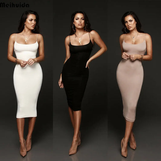 Sexy lässige Sommer Damen Bandage Bodycon träger los ärmel los tief o Hals Abend Party Club solide Midi-Kleid.