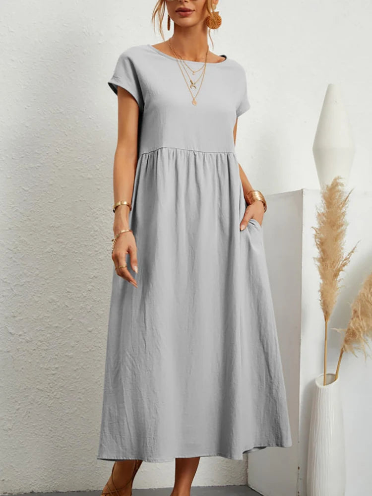 Vintage Solide Midi Kleid Casual Kurzarm Baumwolle und Leinen Harajuku Übergroßen Langes Kleid Frauen Sommer Y2K Maxi Sommerkleid 2023.