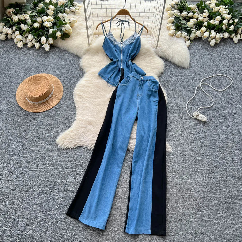 Denim Two Piece Sets Women Jeans Suit Lace Y2k Top Wide Leg Pants Zipper Lace Up Patchwork Trousers Outfits Ensemble Summer 2025.