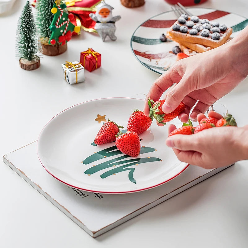 1pc Merry Christmas Ceramic Dinner Dish Plate Set Mug Dessert Cake Pastry Fruit Serving Plate Decorative Tableware.